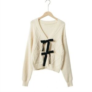 Storets Marley Sweater Jacket White Cable Knit Cardigan with Black Bows